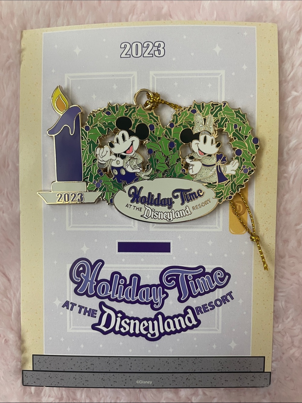 Disney Holiday Time 2023 Mickey & Minnie Wreath Ornament with Purple Candle